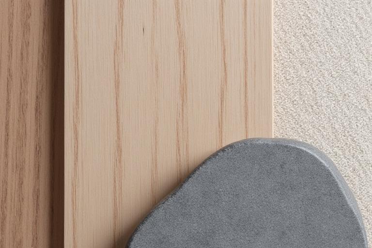 Naturmaterialer som tre, stein og tekstil illustrerer Fjell Forms bærekraftige designfilosofi.
